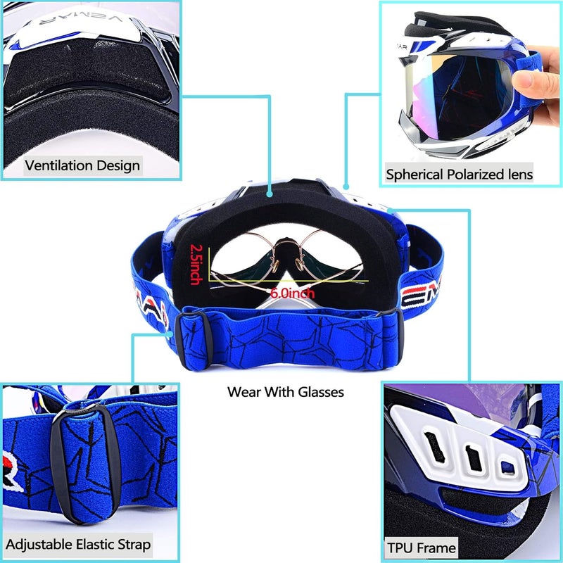 Ubelly Motorcycle Motocross Goggles ATV Racing Goggles Dirt Bike Tactical Riding Motorbike Goggle Glasses, Bendable Windproof Dustproof Scratch Resistant Protective Safety Glasses (Blue) - Image 5